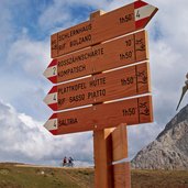 seiser alm wegweiser bei tierse alpl mit radfahrer